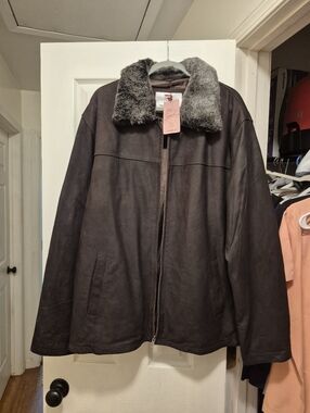 Men's Brown Leather Jacket with Faux Fur Collar